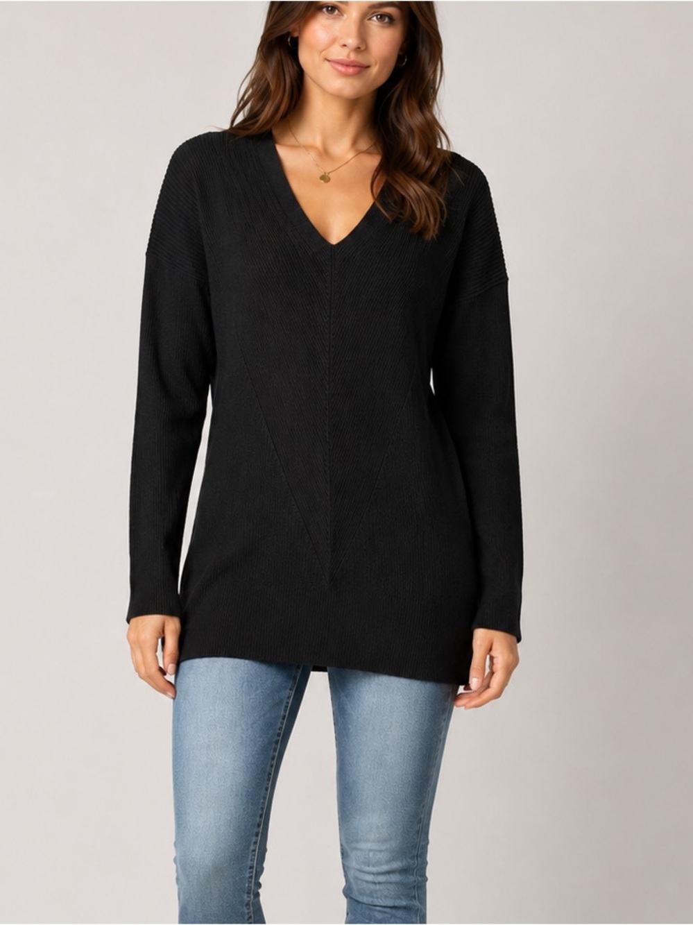 White House Black Market Black Cashmere Blend V-Neck Tunic Sweater Medium